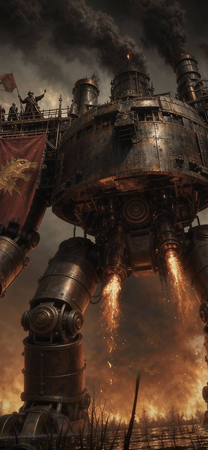 An imperial war machine towering over a burning fen, crimson banners bearing a gold hound hanging from its hull
